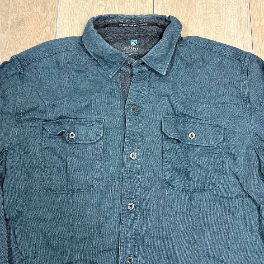 KUHL Mens Large Teal Blue Cotton Flannel Long Sleeve Button Up Shirt RN 108846